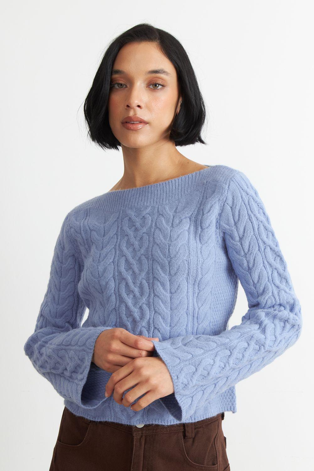 Sweater con Patrón Trenzado Celeste Nicopoly-0