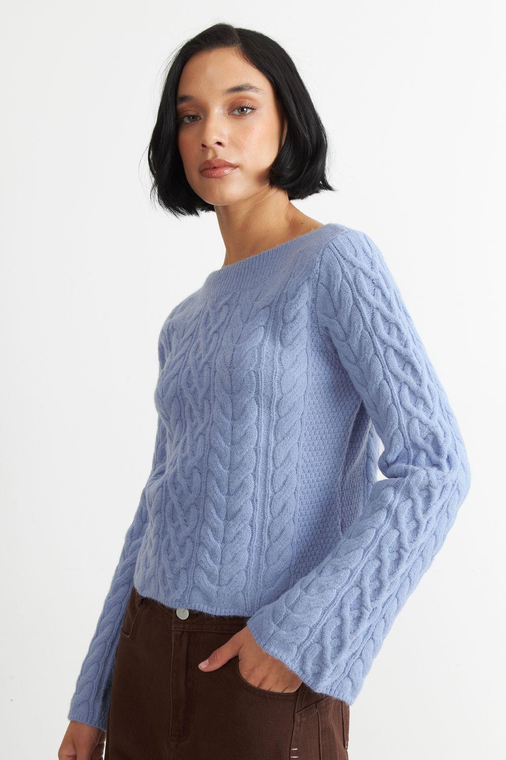 Sweater con Patrón Trenzado Celeste Nicopoly-2