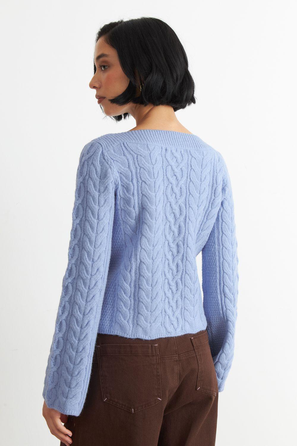 Sweater con Patrón Trenzado Celeste Nicopoly-3