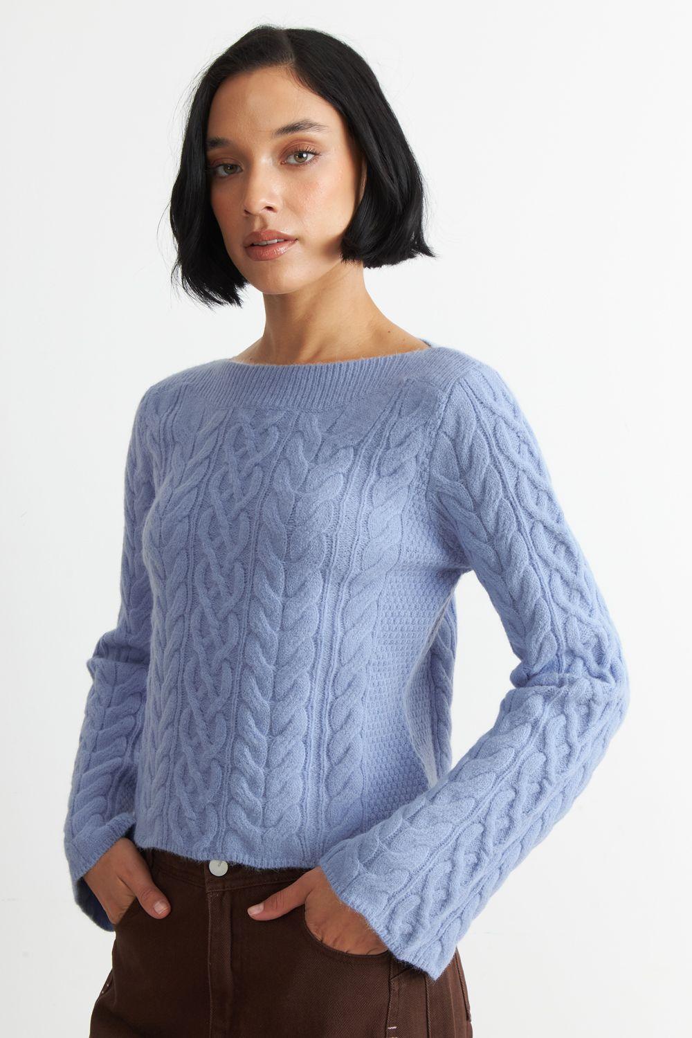 Sweater con Patrón Trenzado Celeste Nicopoly-4