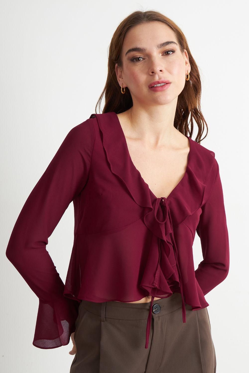 Blusa Vuelos Manga Larga Burdeo Nicopoly-4