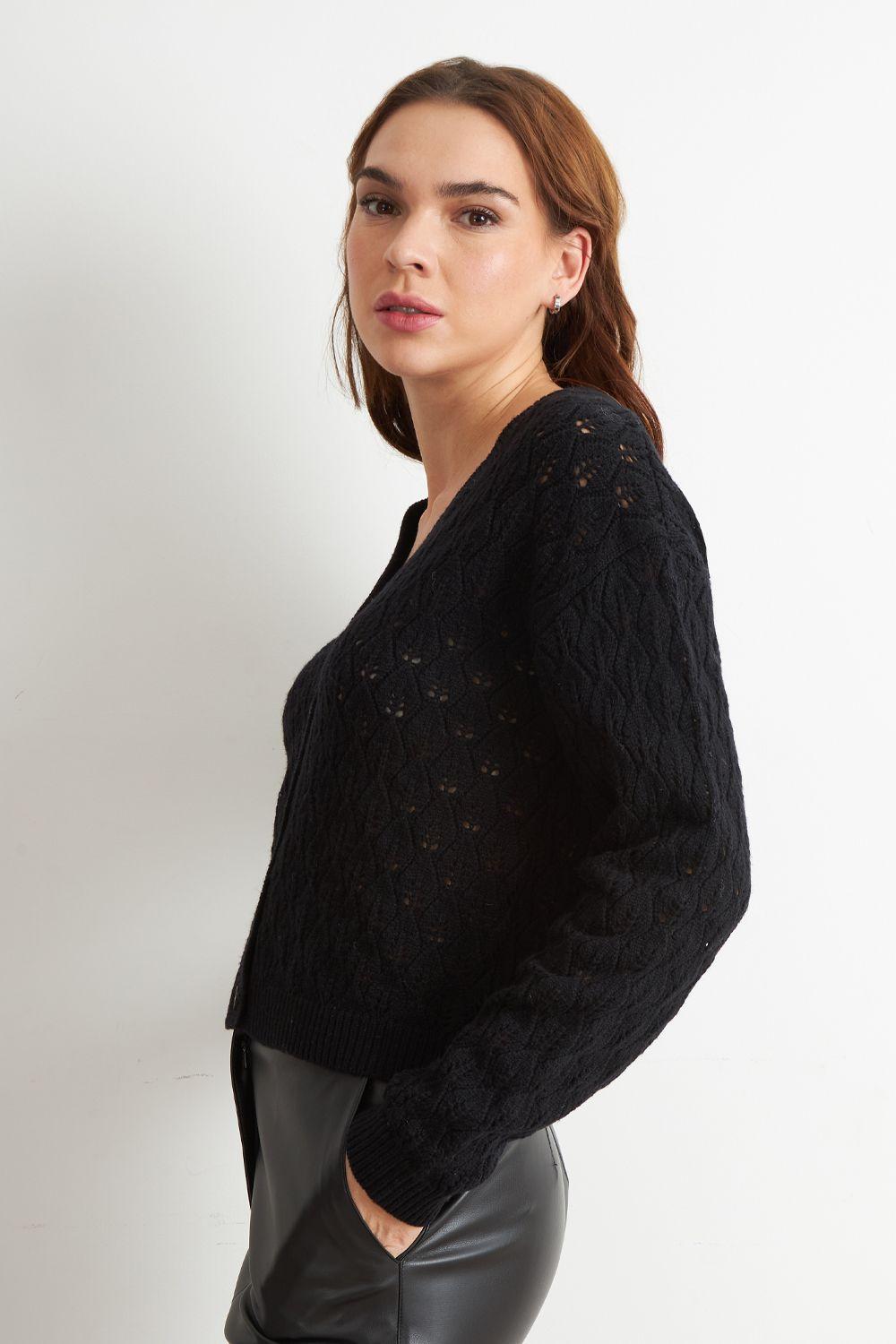 Cárdigan Tejido Calado Cuello V Negro Nicopoly-2