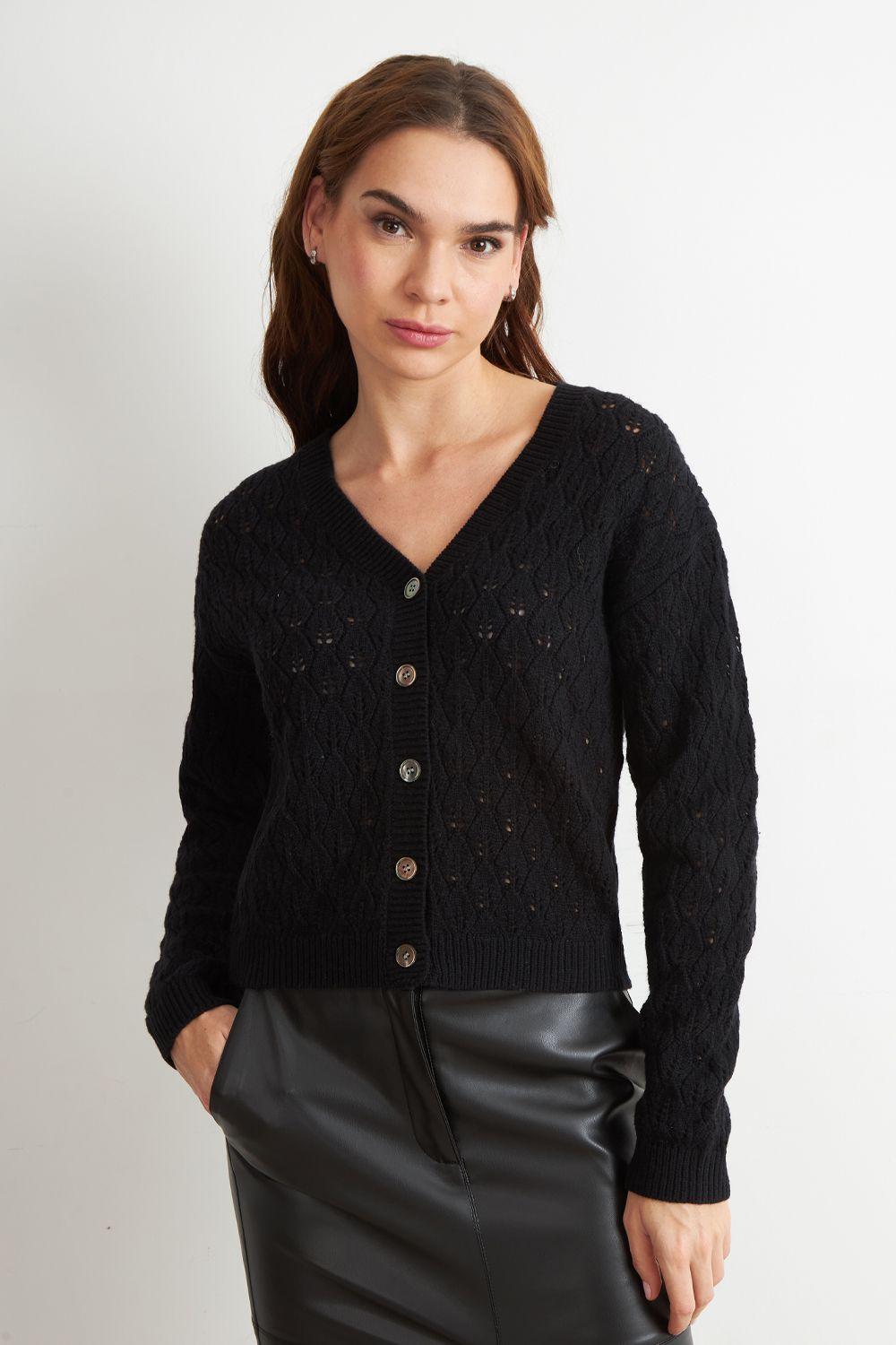 Cárdigan Tejido Calado Cuello V Negro Nicopoly-4