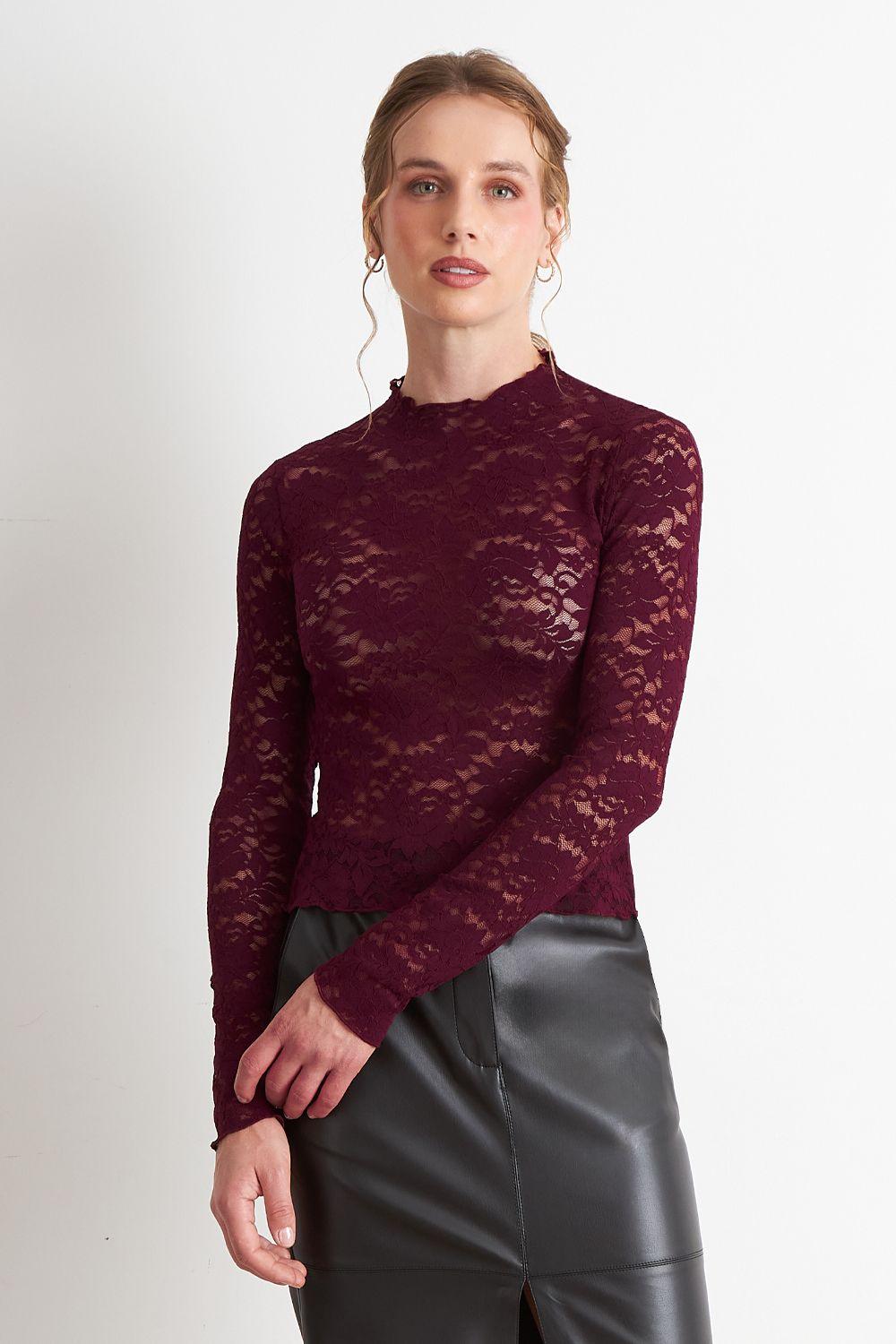 Polera Encaje Cuello Alto Burdeo Nicopoly-0