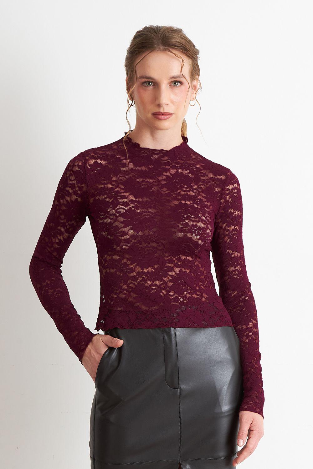 Polera Encaje Cuello Alto Burdeo Nicopoly-2