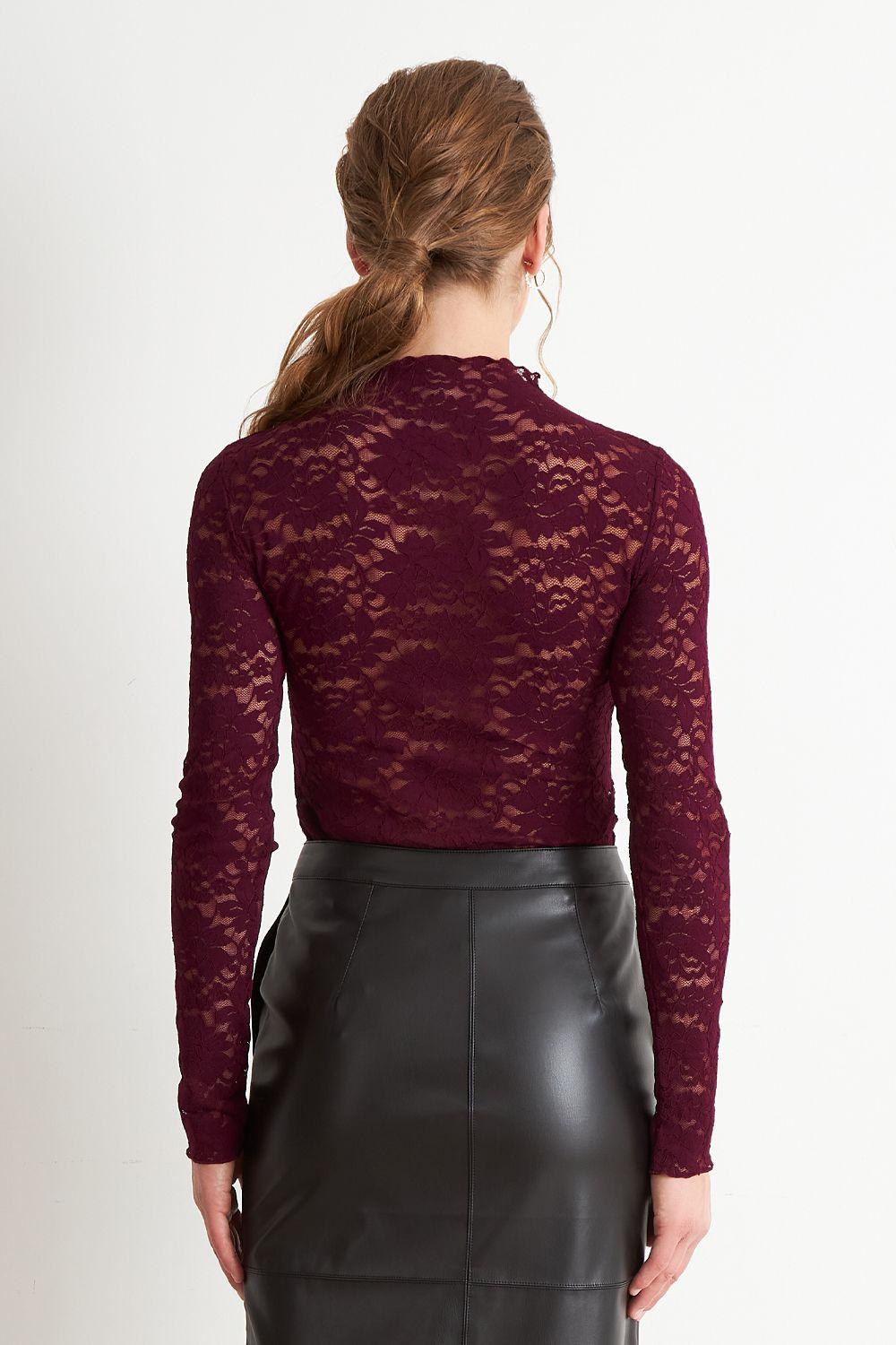 Polera Encaje Cuello Alto Burdeo Nicopoly-3
