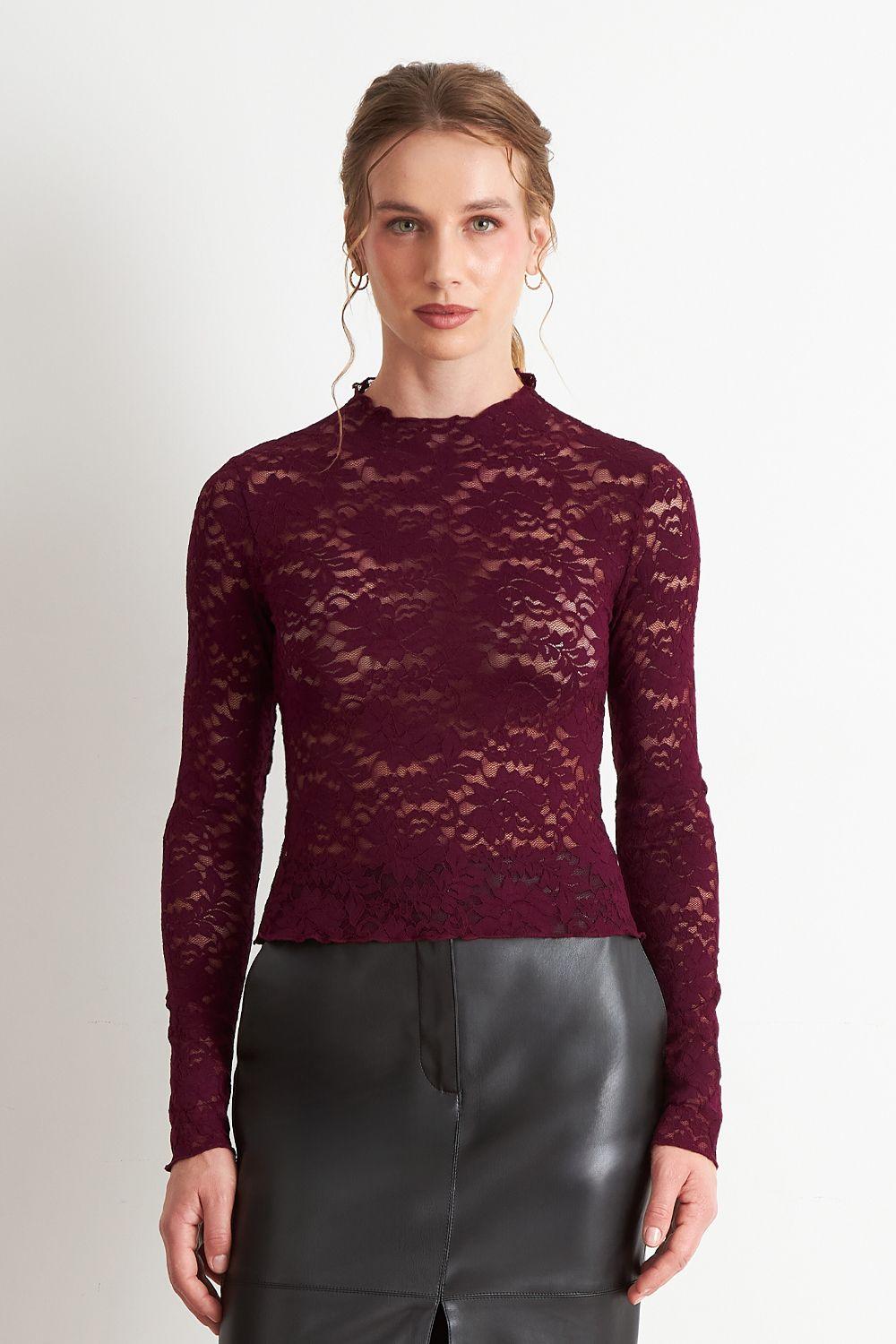 Polera Encaje Cuello Alto Burdeo Nicopoly-4