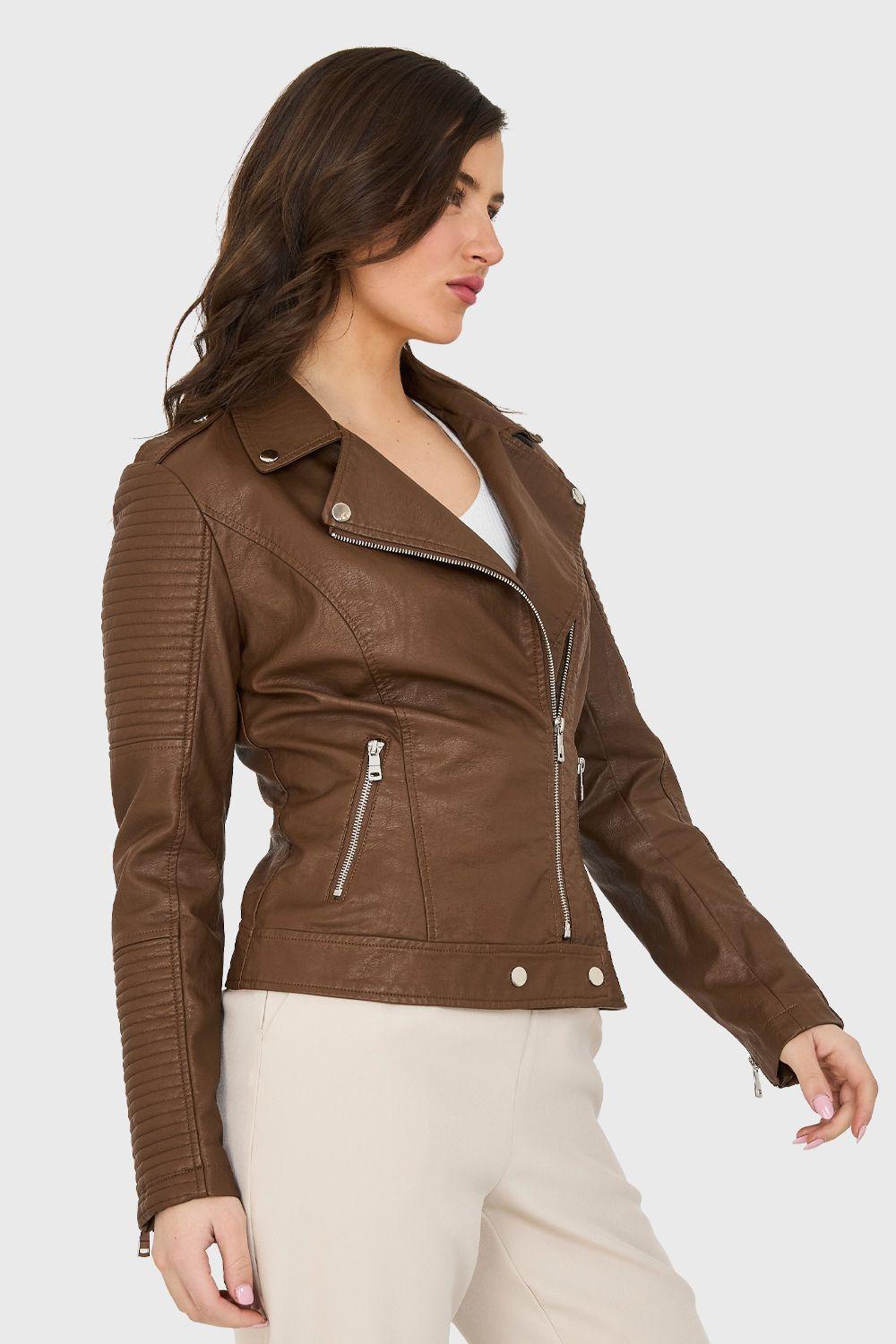 Chaqueta Ecocuero Tipo Biker Café Nicopoly-2