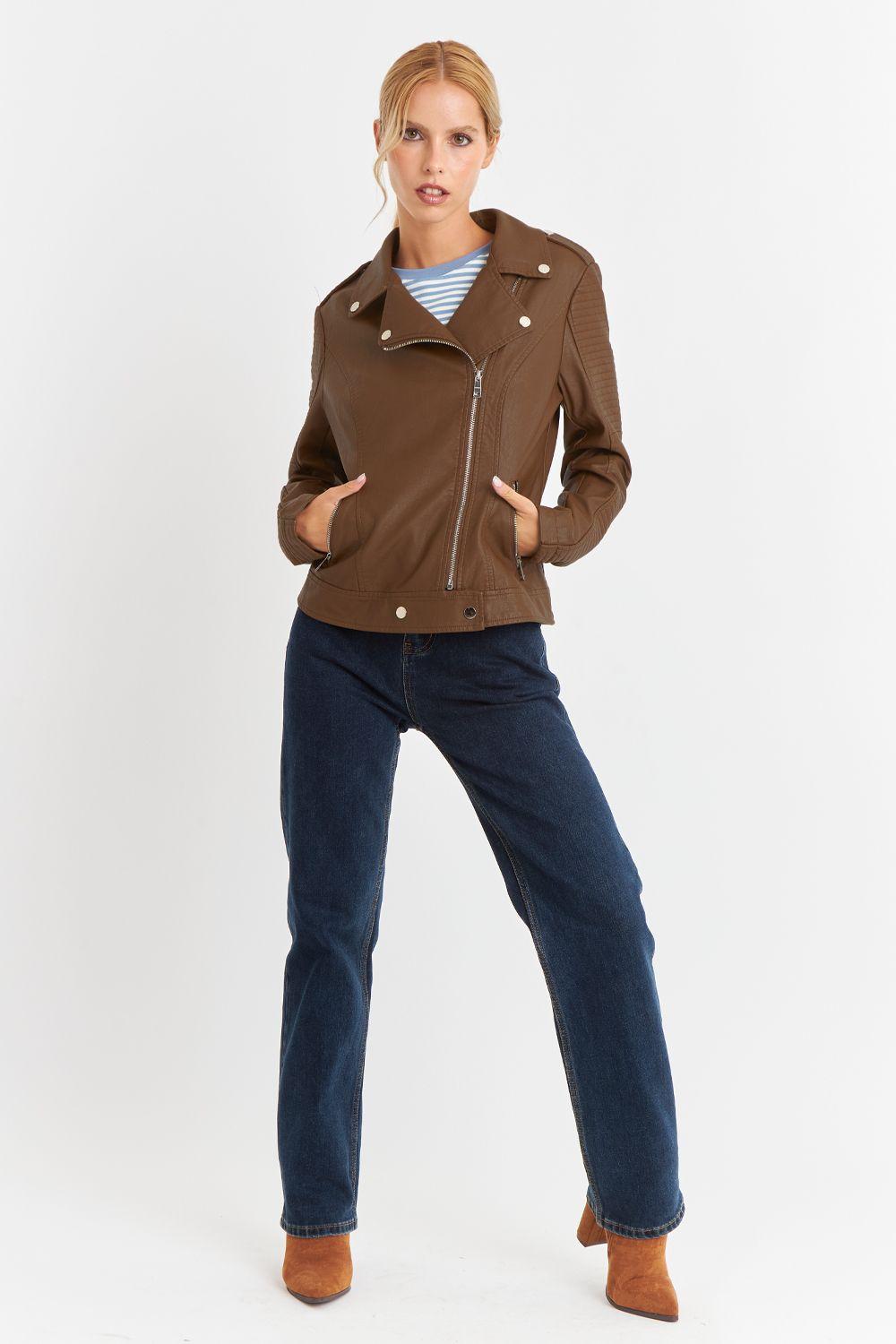 Chaqueta Ecocuero Tipo Biker Café Nicopoly-1