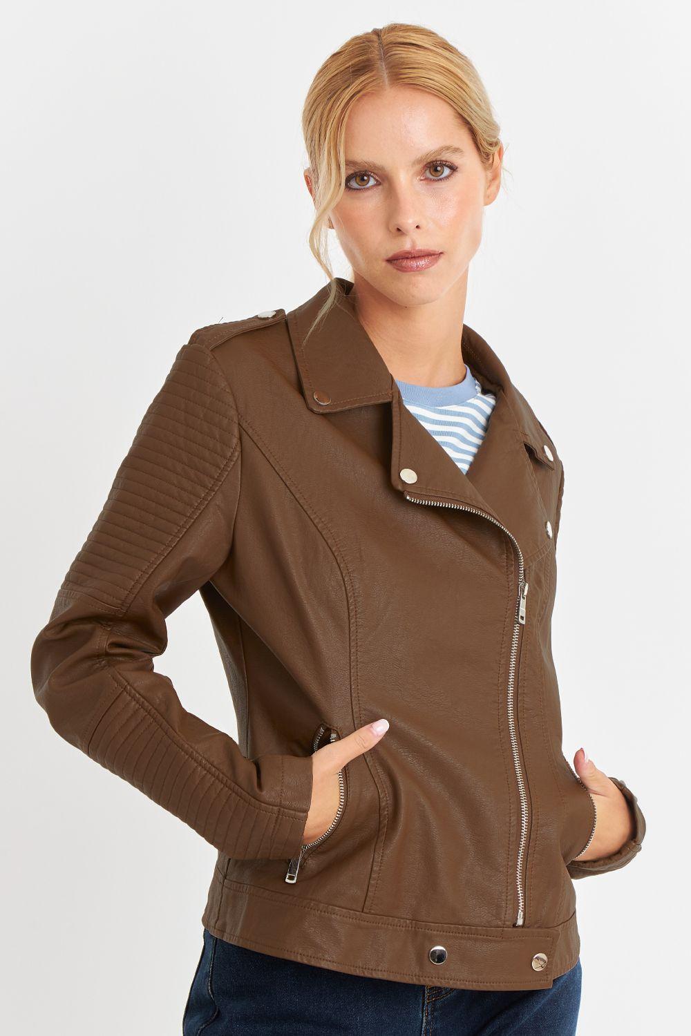 Chaqueta Ecocuero Tipo Biker Café Nicopoly-4