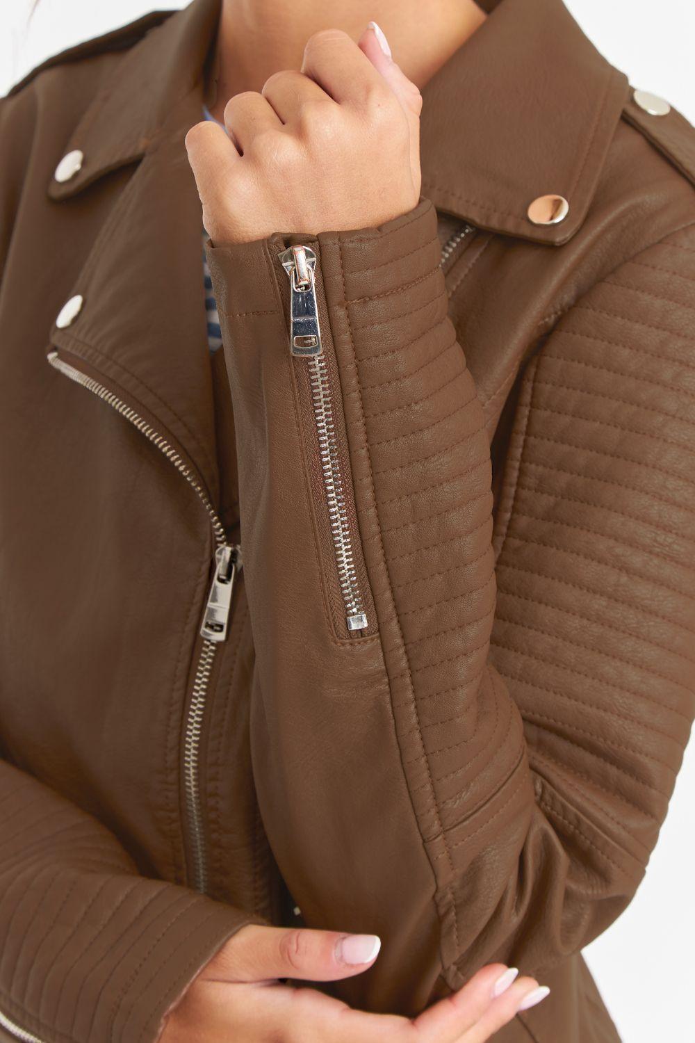 Chaqueta Ecocuero Tipo Biker Café Nicopoly-5