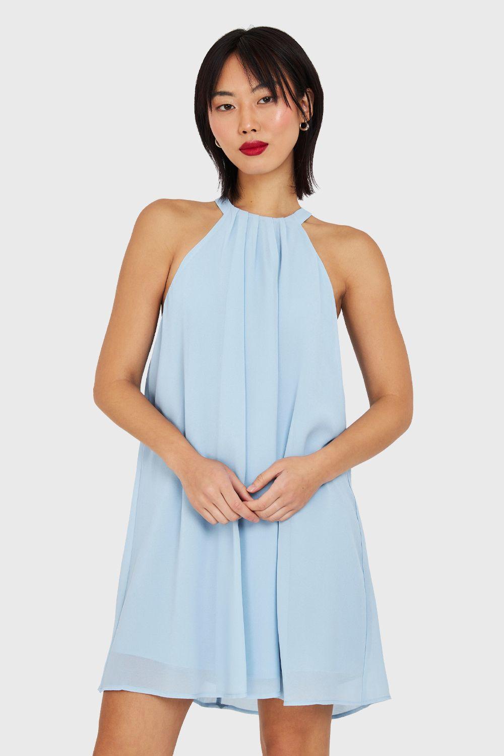 Vestido Corto Cuello Halter Celeste Nicopoly-4