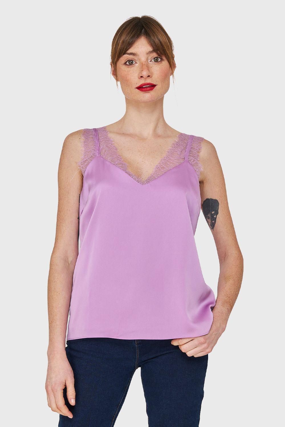 Blusa Satín Encaje Tirante Ancho Lila Nicopoly-4