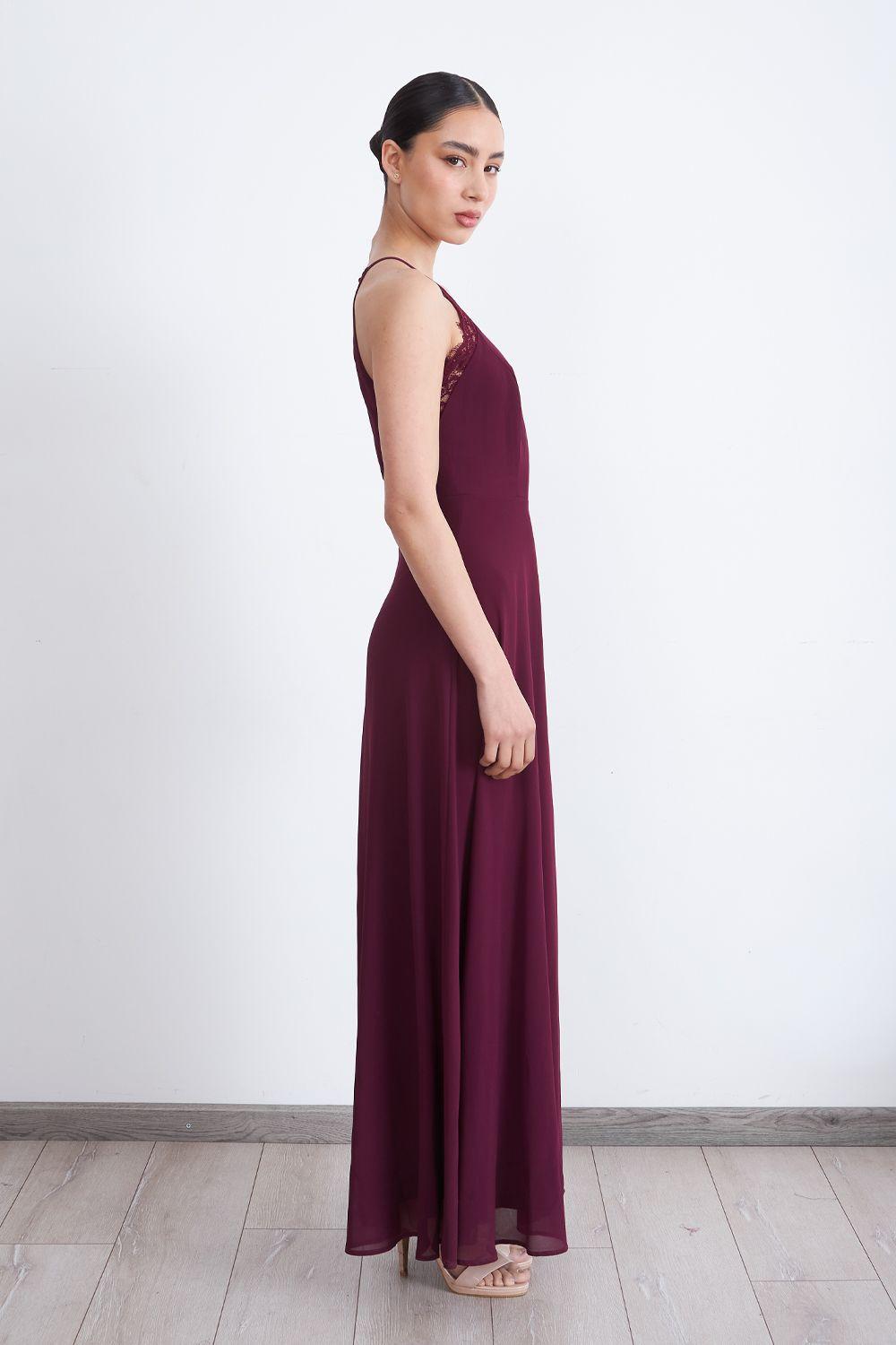 Vestido Largo Halter Detalle Encaje Burdeo Nicopoly-2