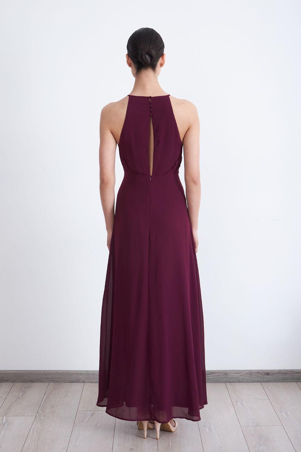 Vestido Largo Halter Detalle Encaje Burdeo Nicopoly-3