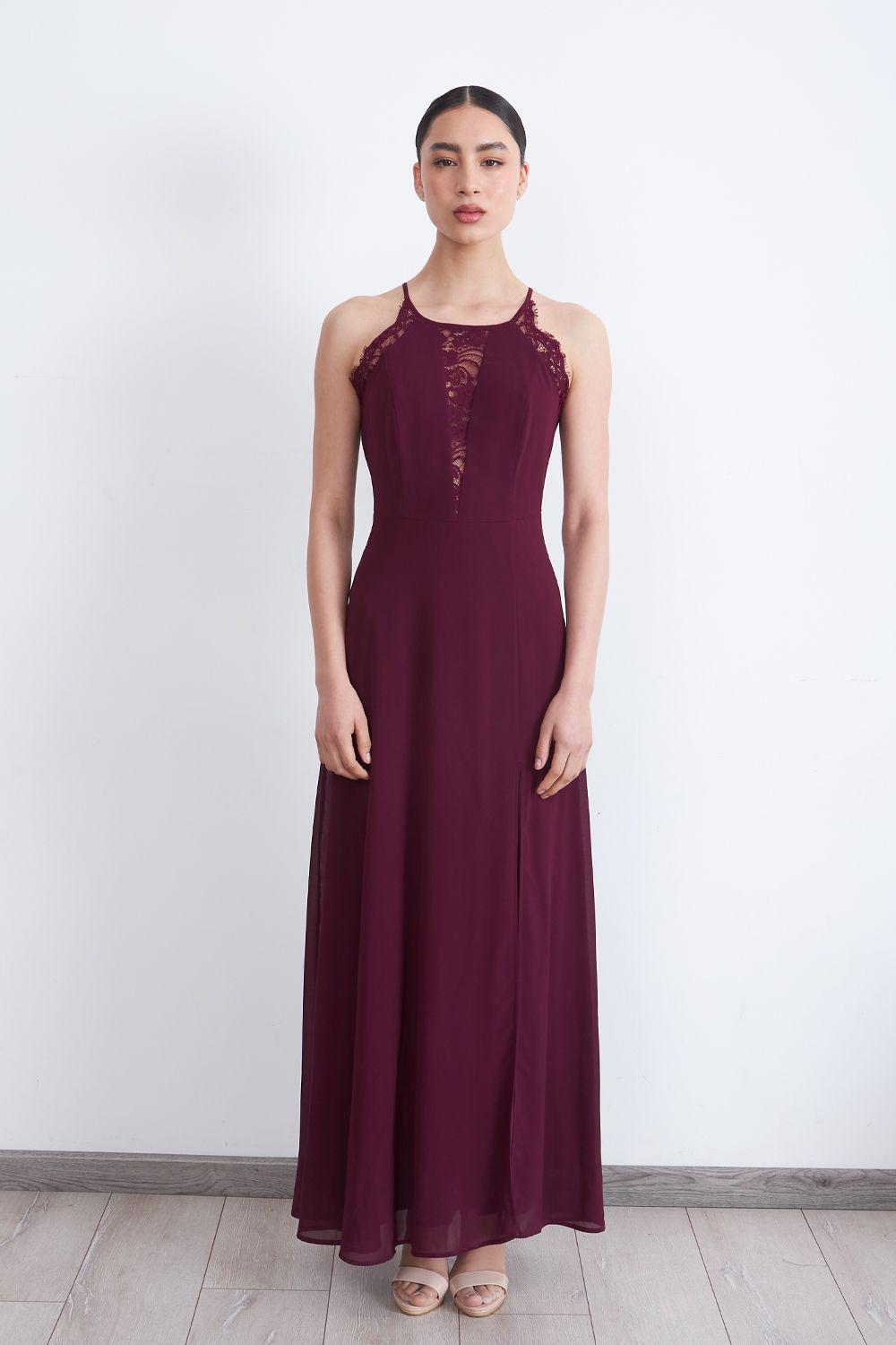 Vestido Largo Halter Detalle Encaje Burdeo Nicopoly-4