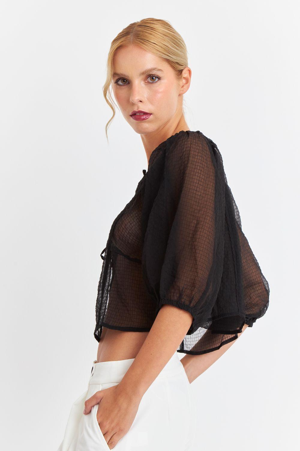 Blusa Transparente Manga Globo Negro Nicopoly-2