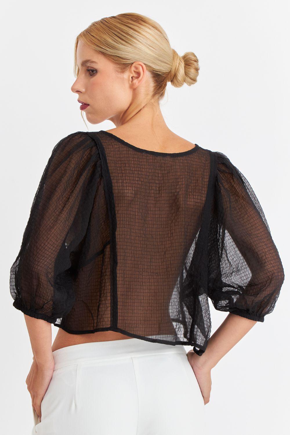 Blusa Transparente Manga Globo Negro Nicopoly-3
