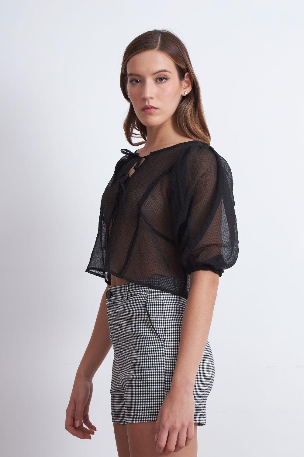 Blusa Transparente Manga Globo Negro Nicopoly-2