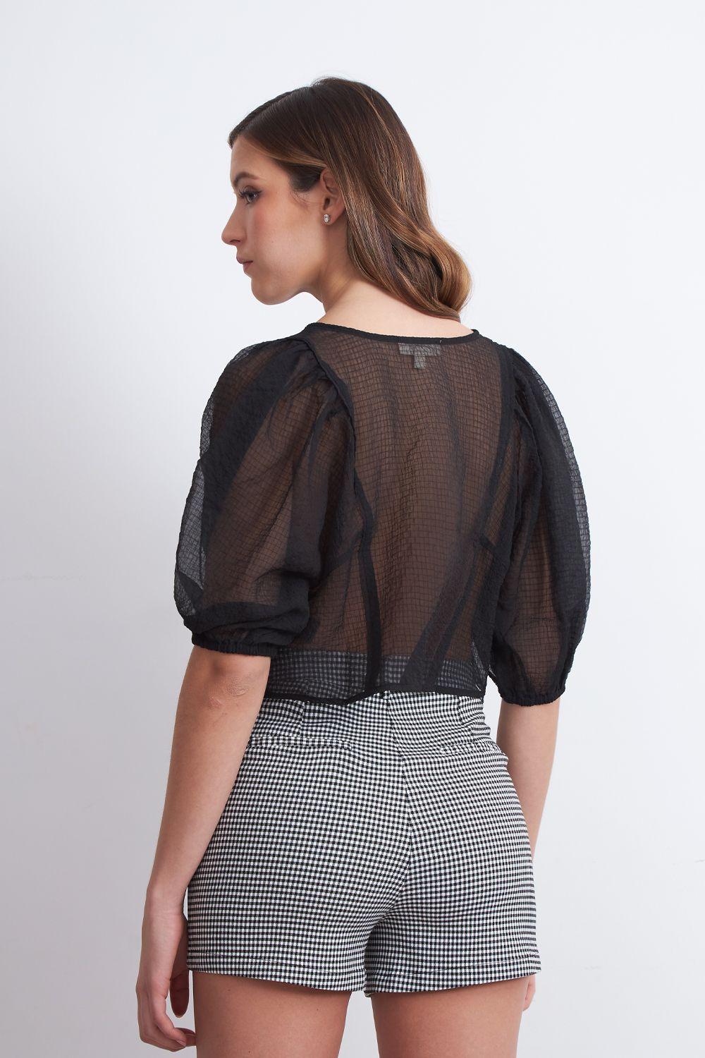 Blusa Transparente Manga Globo Negro Nicopoly-3