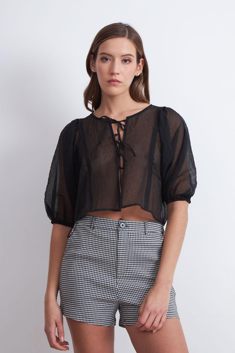 Blusa Transparente Manga Globo Negro Nicopoly-4