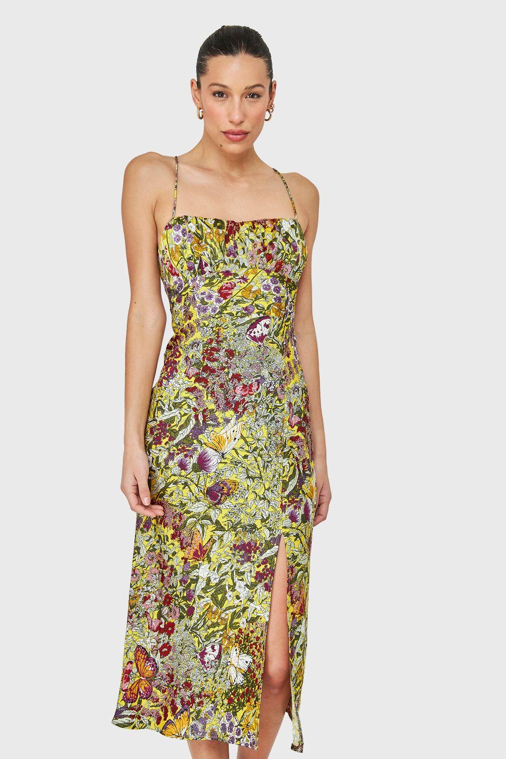 Vestido Tipo Satín Tajo Amarillo Nicopoly-4