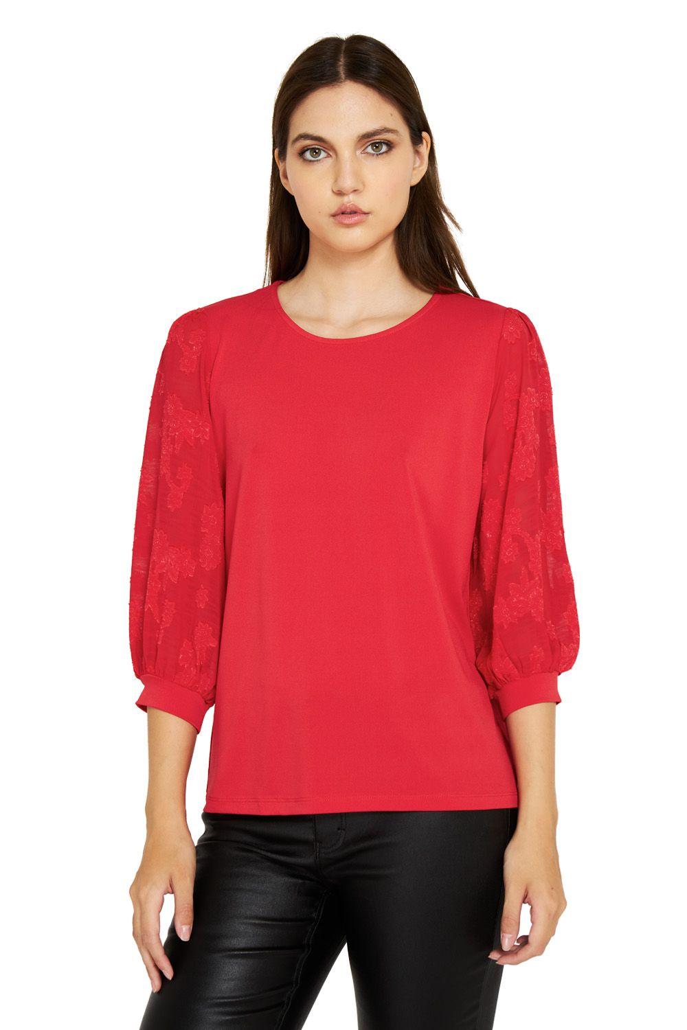 Polera Manga Floral Rojo Nicopoly-0