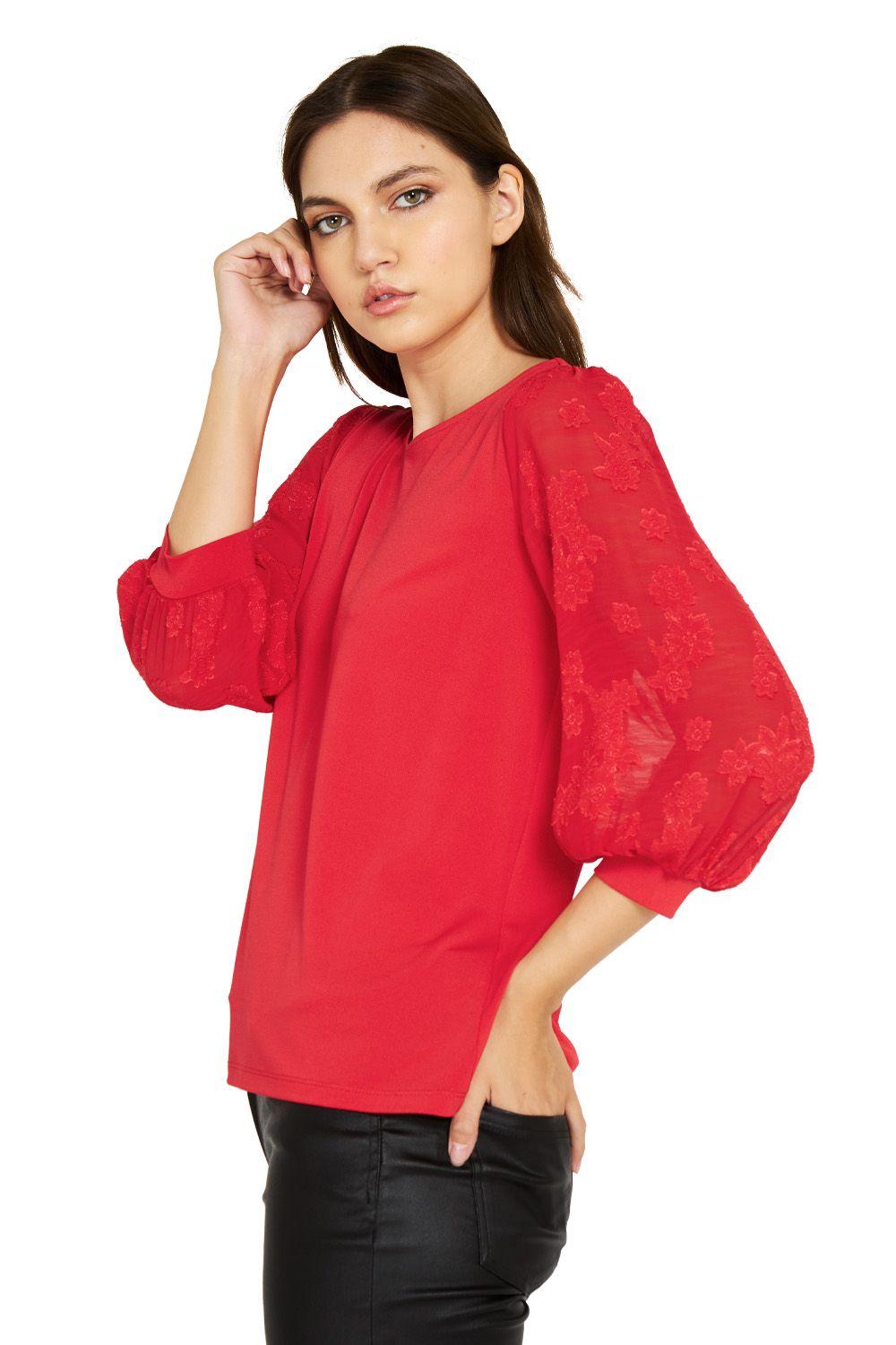 Polera Manga Floral Rojo Nicopoly-2