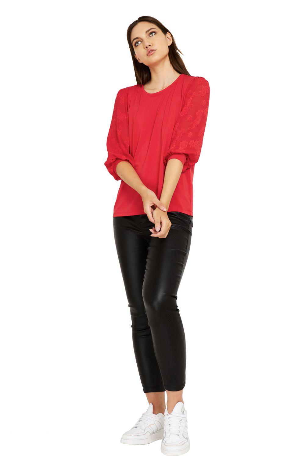 Polera Manga Floral Rojo Nicopoly-1