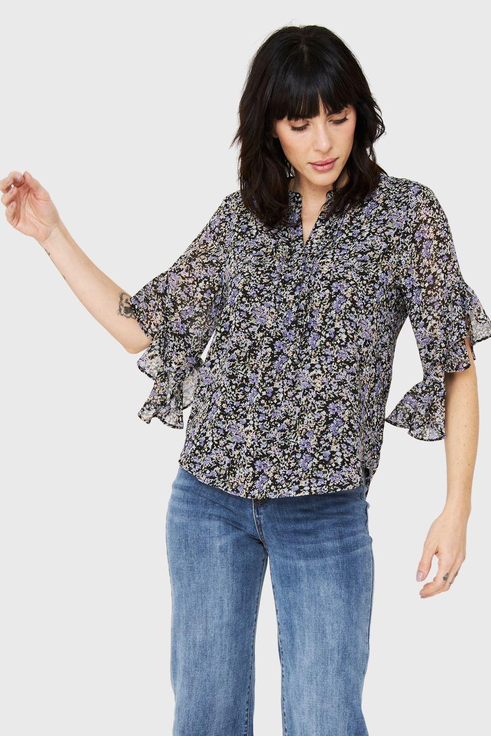 Blusa Floral Manga 3/4 Negro Nicopoly-4