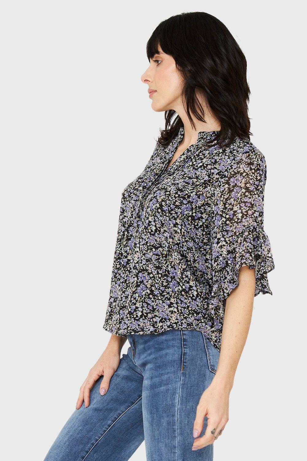 Blusa Floral Manga 3/4 Negro Nicopoly-2