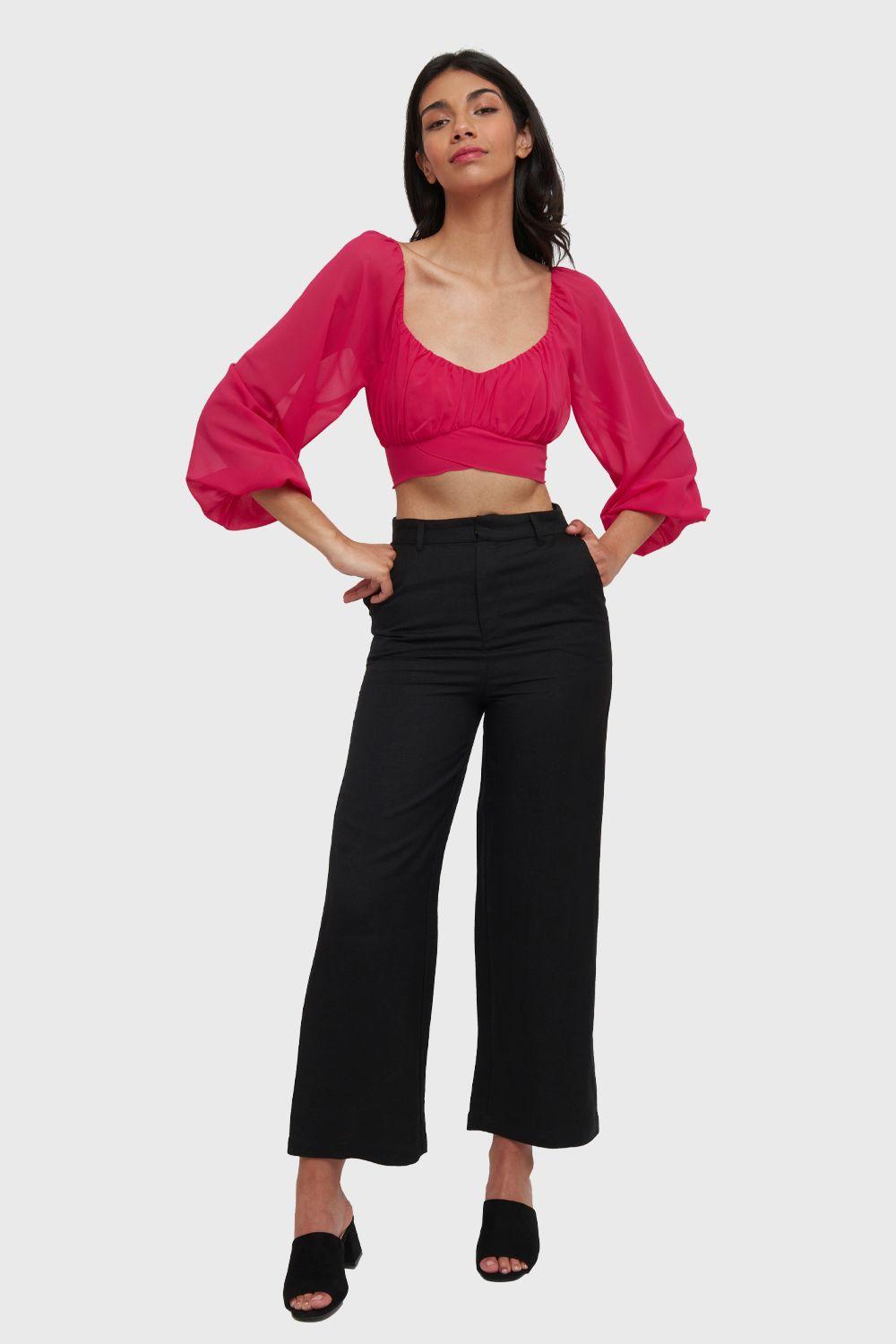 Pantalón Wide Leg Tipo Lino Negro Nicopoly-1