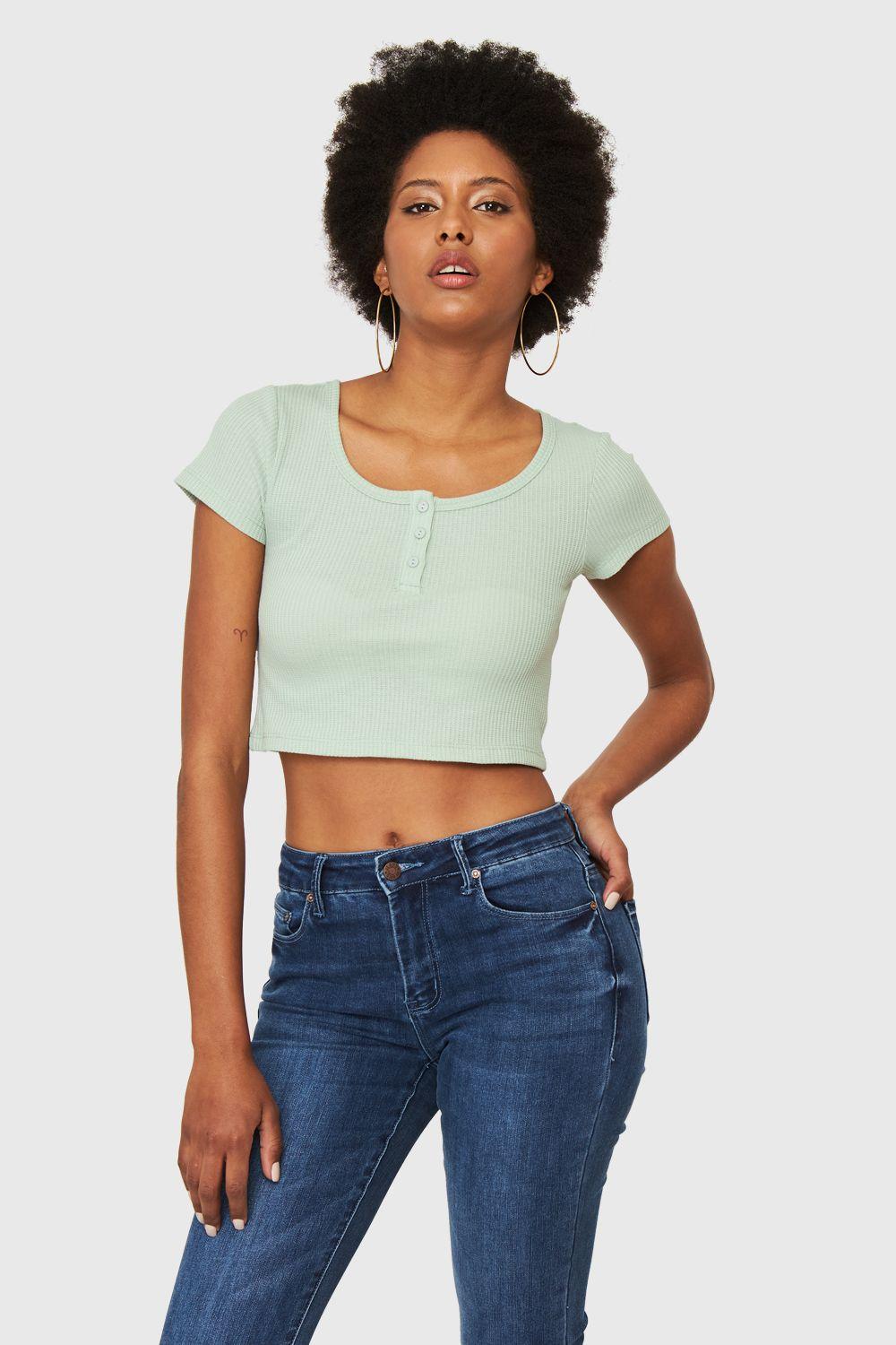 Crop Top Básico Botones Verde Agua Nicopoly-4
