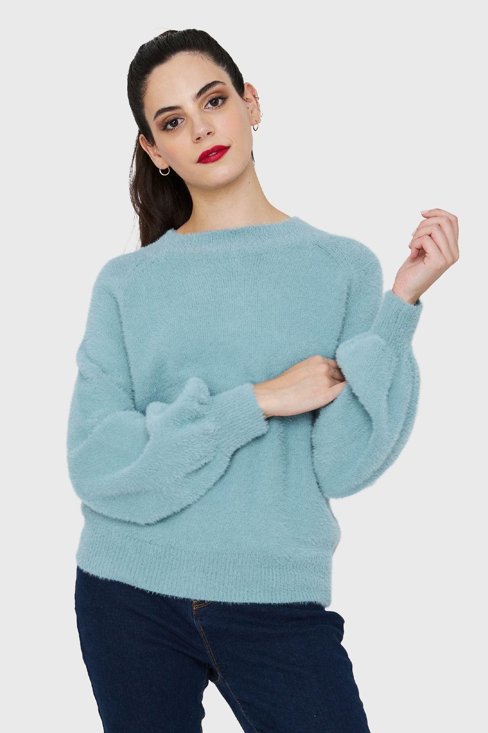 Sweater Peludito Manga Globo Celeste Nicopoly-4