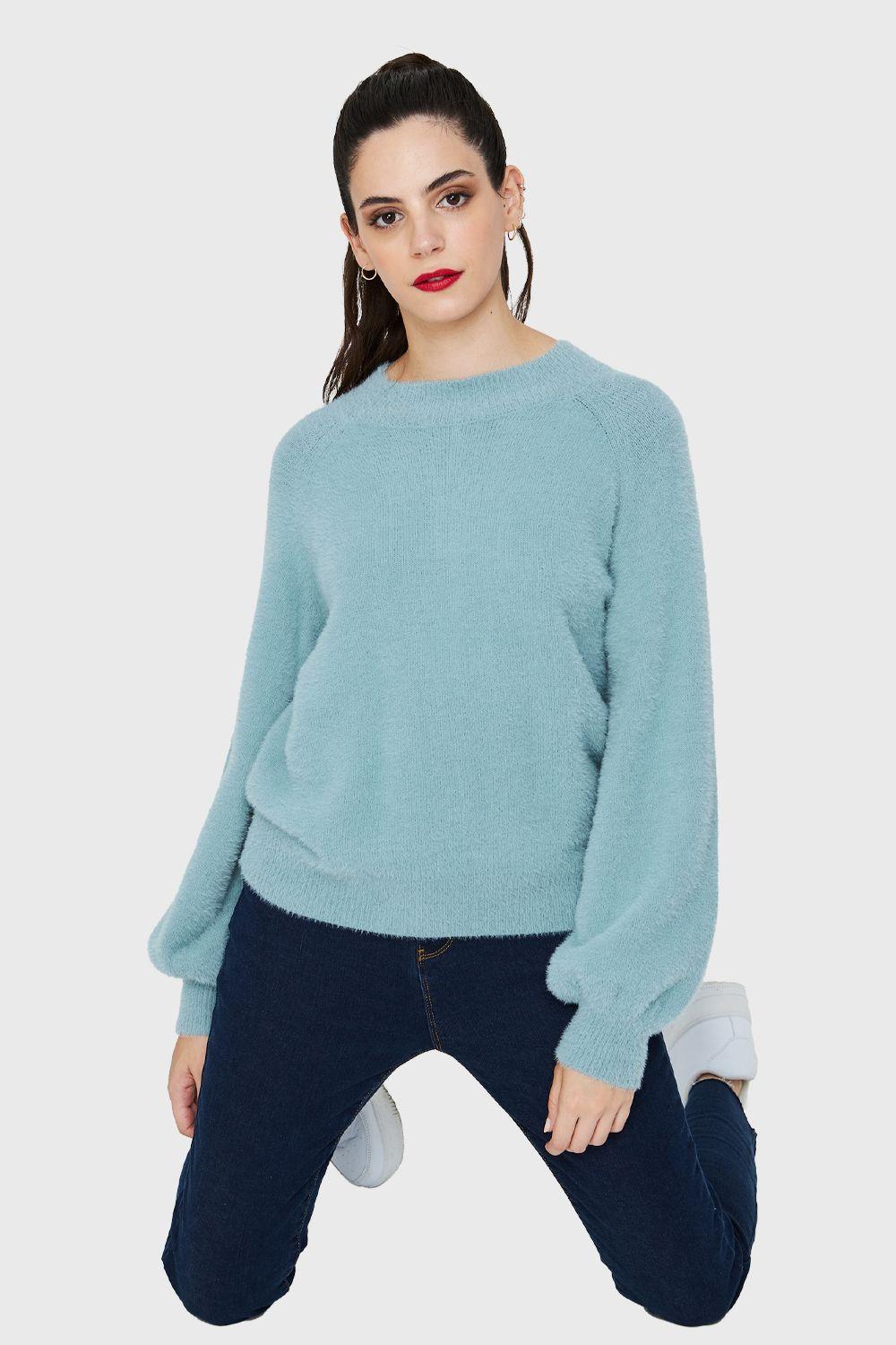 Sweater Peludito Manga Globo Celeste Nicopoly-0
