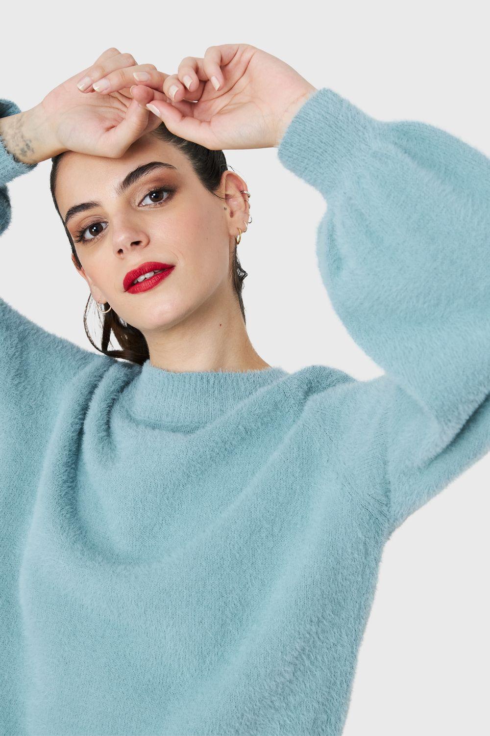 Sweater Peludito Manga Globo Celeste Nicopoly-5