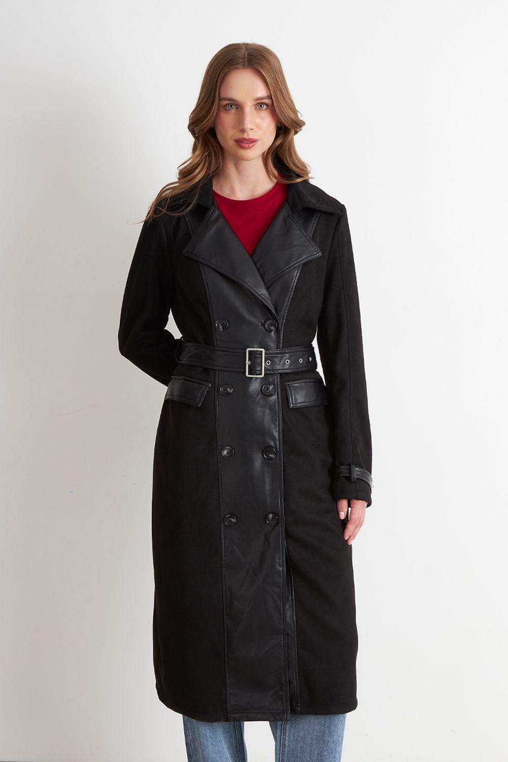 Abrigo Tipo Gamuza y Ecocuero Negro Nicopoly-4