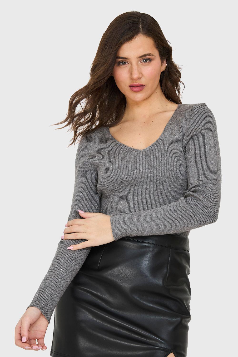 Sweater Cuello V Acanalado Gris Nicopoly-0