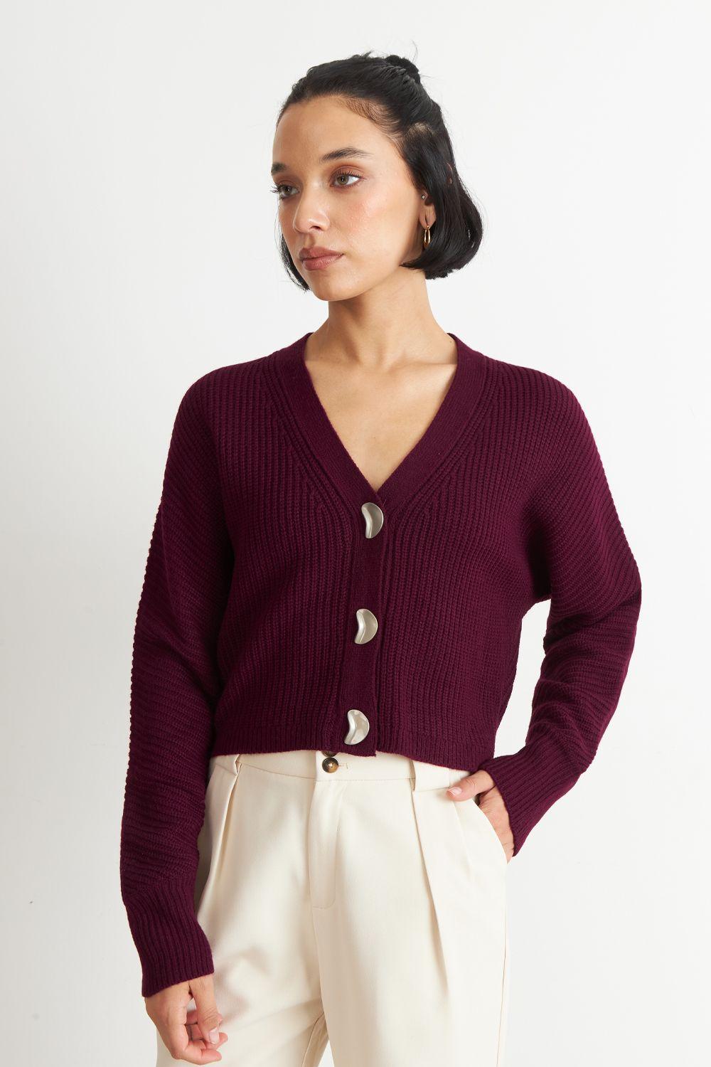 Cárdigan Cuello V con 3 Botones Burdeo Nicopoly-2