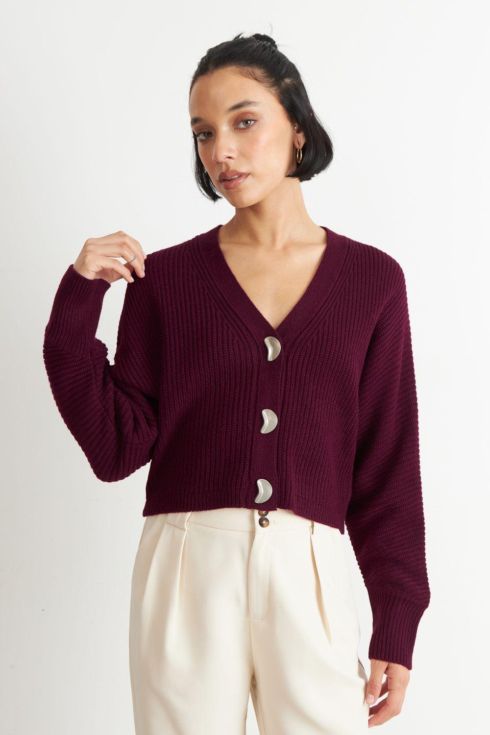 Cárdigan Cuello V con 3 Botones Burdeo Nicopoly-4