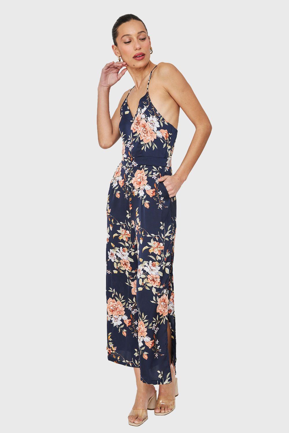 Enterito Tajo Print Floral Azul Marino Nicopoly-2