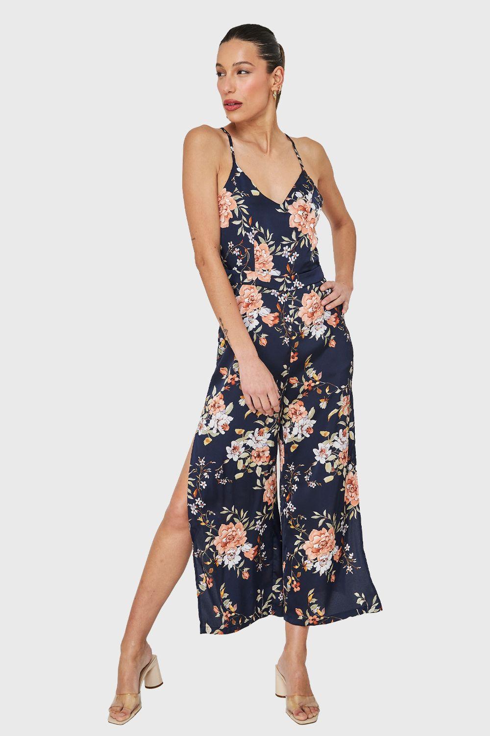 Enterito Tajo Print Floral Azul Marino Nicopoly-4