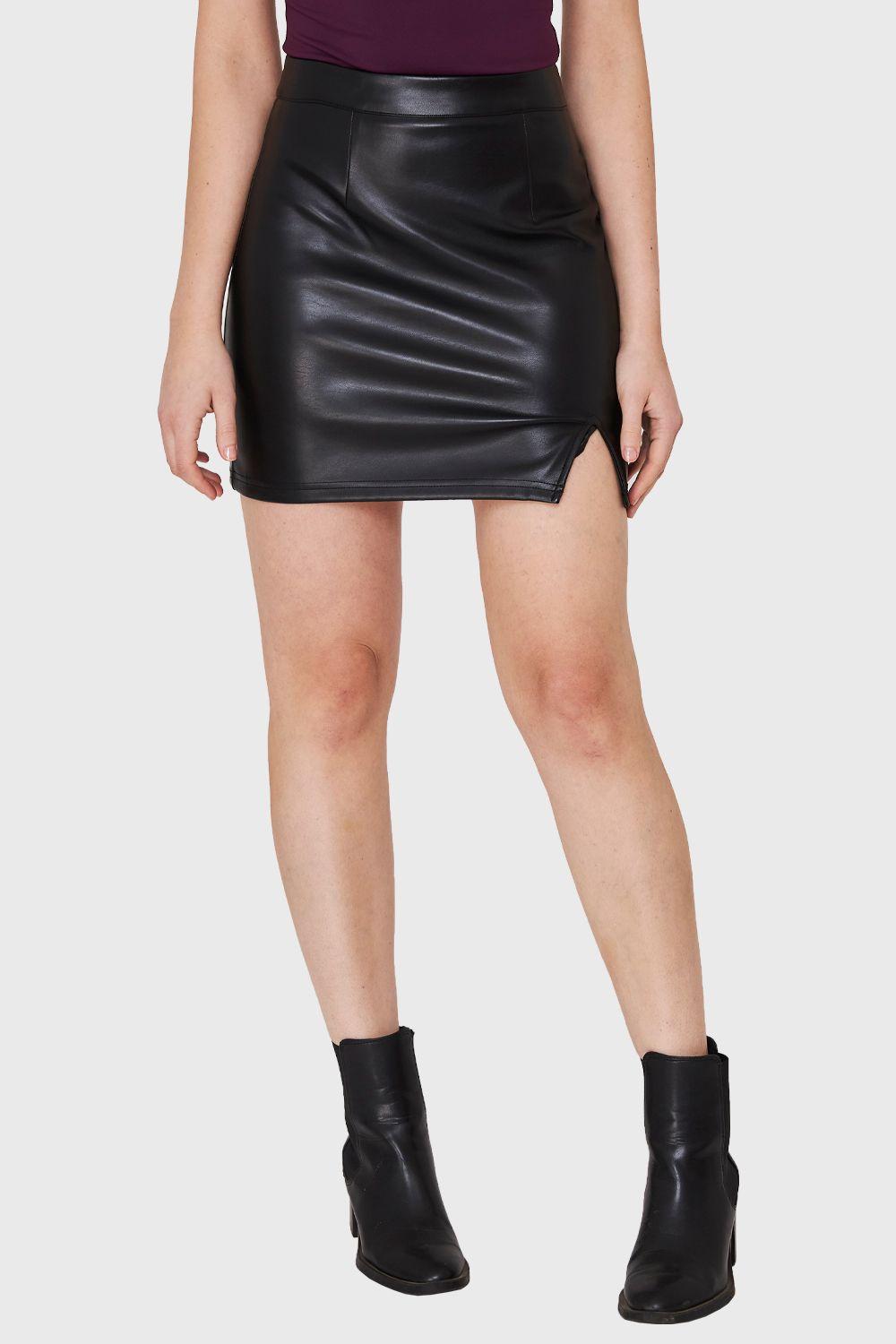 Minifalda Ecocuero Tajo Negro Nicopoly-4