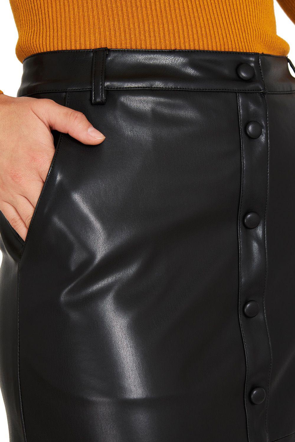 Falda Midi Ecocuero Negro Botones Nicopoly-4