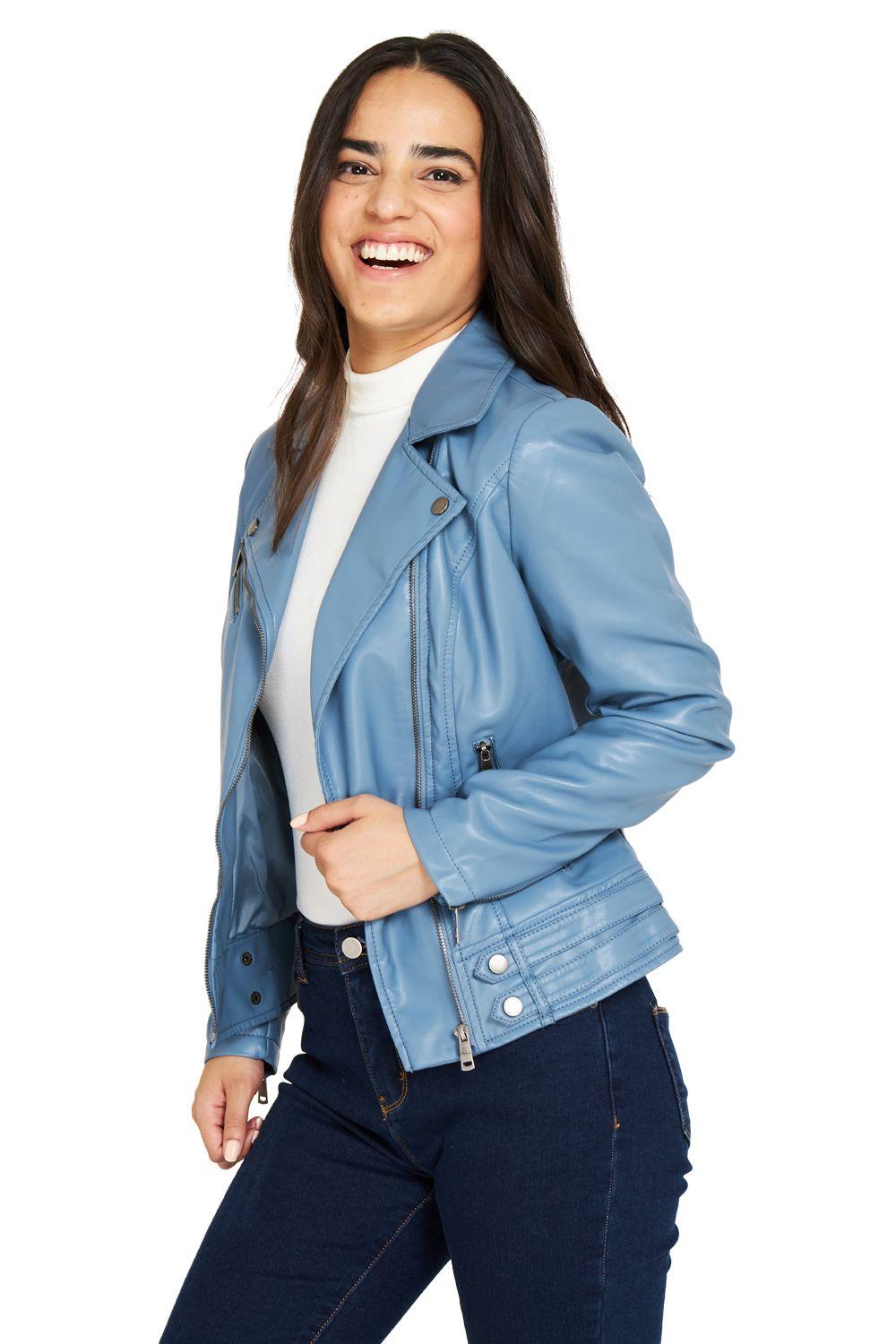 Chaqueta Ecocuero Estilo Biker Celeste Nicopoly-2