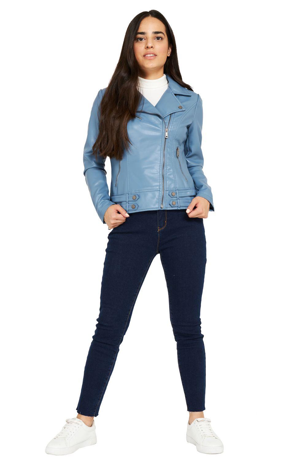 Chaqueta Ecocuero Estilo Biker Celeste Nicopoly-1