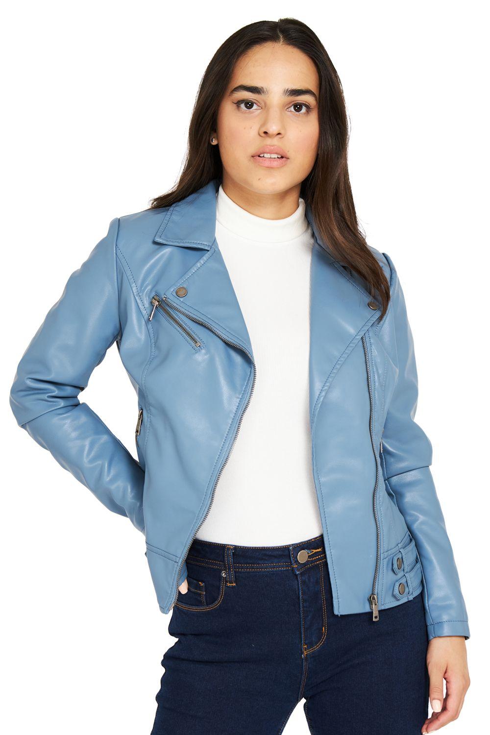 Chaqueta Ecocuero Estilo Biker Celeste Nicopoly-0