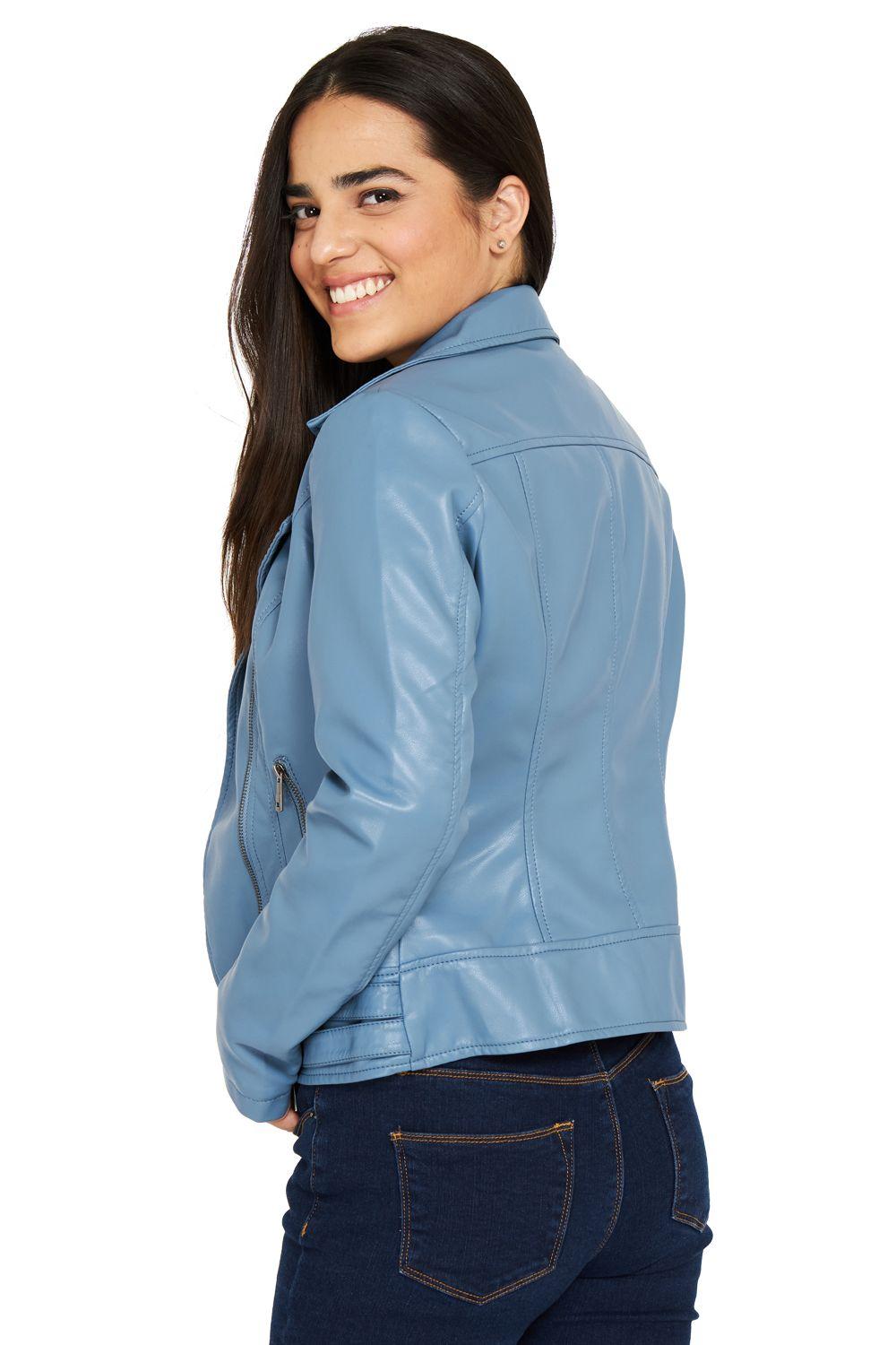Chaqueta Ecocuero Estilo Biker Celeste Nicopoly-3