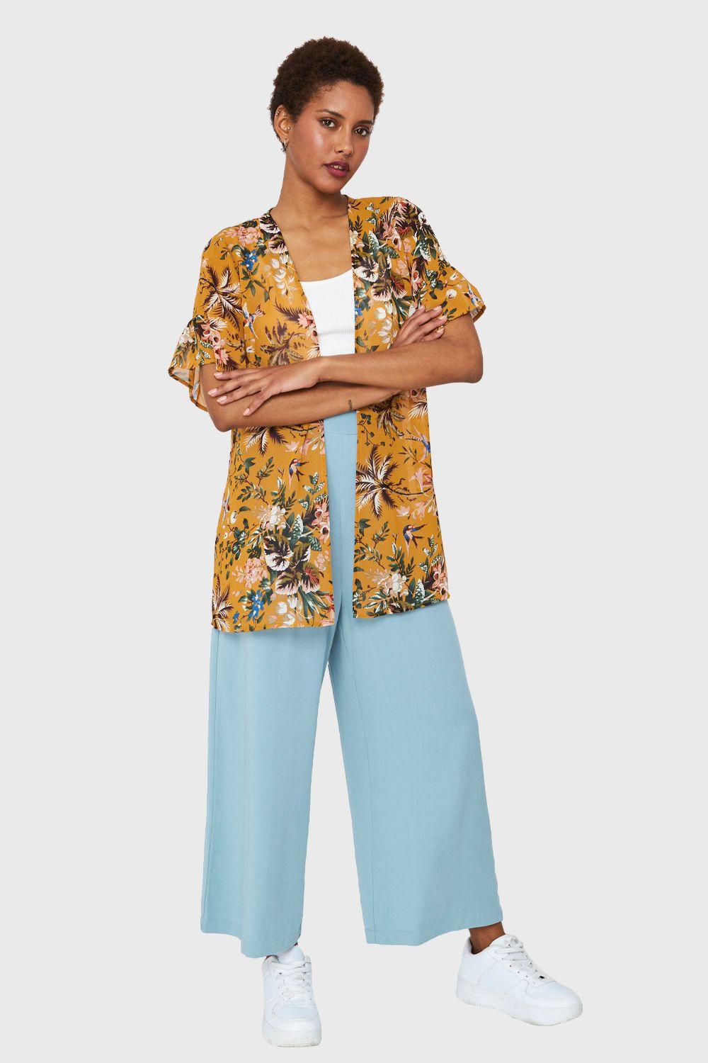 Kimono Floreado Mostaza Nicopoly-1