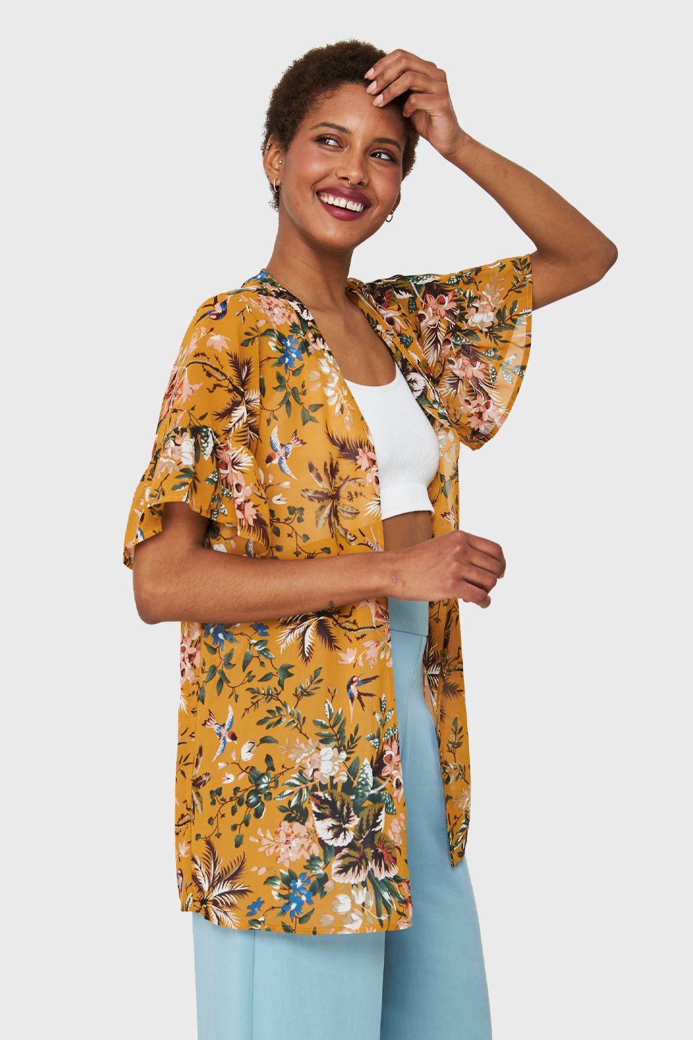 Kimono Floreado Mostaza Nicopoly-2